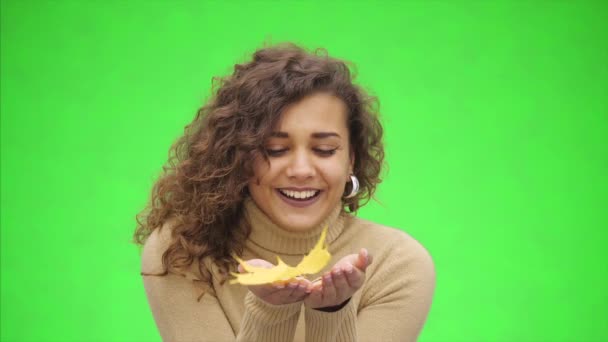 Atractiva chica afroamericana está sonriendo ampliamente. La chica está soplando una pequeña licencia de otoño. Ella está mostrando la belleza del otoño. De cerca. Copiar espacio . — Vídeos de Stock