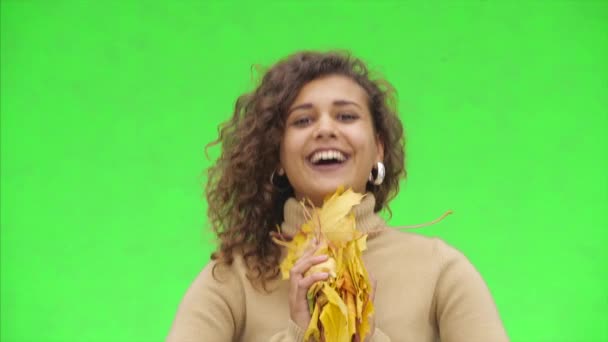 魅力的なアフロアメリカの女の子は広く笑っています。女の子の秋のカメラに葉の束を投げている。閉めろスペースのコピー. — ストック動画
