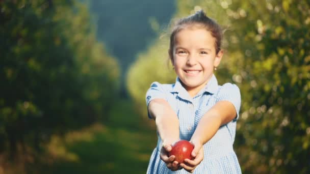 La petite fille montre une pomme rouge dans ses mains, à l'extérieur. Ferme là. Espace de copie. 4K . — Video