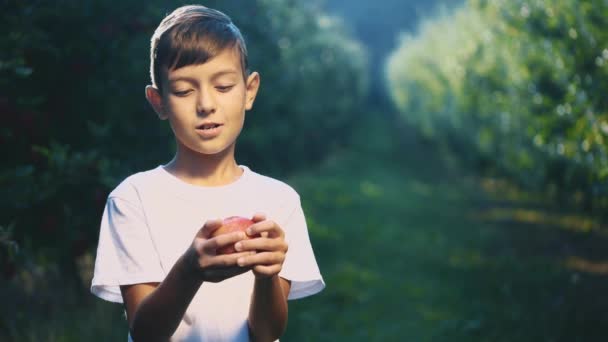 Der kleine Junge bietet draußen einen roten Apfel an. Er zeigt eine Daumen-hoch-Geste. Kopierraum. 4k. — Stockvideo