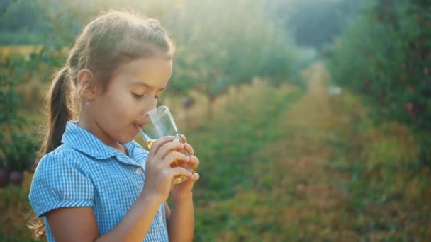 La niña bebe un jugo de manzana y lo admira, estando sobre un fondo borroso del jardín. Copiar espacio. Vista lateral. De cerca. 4K . — Vídeos de Stock