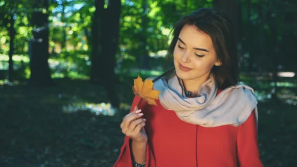 Slowmo. Pretty young girl with red coat and gently-pink scarf on her neck is looking at autumn leaf, isolated, on park blurred background. Close up. Copy space. 4K. — 비디오