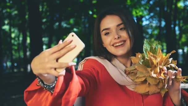 Menina encantadora está segurando um monte de folhas de outono e leva selfie com seu telefone. Fundo desfocado. Fecha. Espaço para cópia. 4K . — Vídeo de Stock