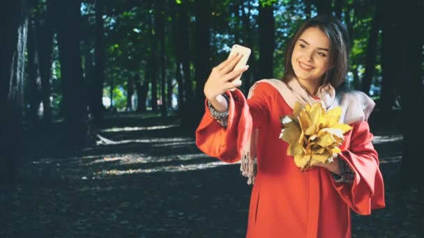 Chica encantadora está sosteniendo un montón de hojas de otoño y se toma selfie con su teléfono. Fondo borroso. Copiar espacio. 4K . — Vídeos de Stock