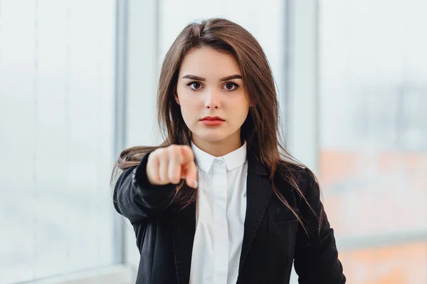 Closeup portrait of young serious woman pointing at someone as if to say you did something wrong, your fault. Negative human emotions concept. — Stock Photo, Image