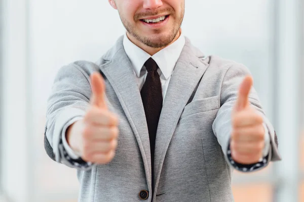 Cropped photo of satisfied businessman showing thumbs up. — Stock Photo, Image