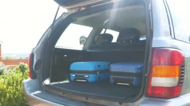 Happy man and woman are taking off suitcases from the car boot. Close up. Copy space. 4K.