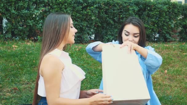 Dos chicas atractivas están sentadas en el banco del parque. Chica rubia compró una nueva blusa desnuda para su amiga morena. De cerca. Copiar espacio. 4K . — Vídeos de Stock