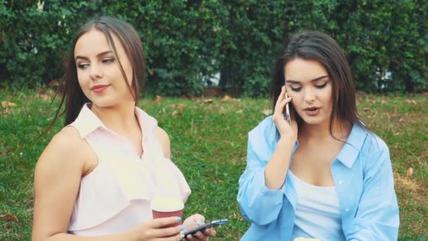 La chica después de ir de compras se sienta en el parque en el banco y uno de ellos está en el teléfono, mientras que otro está sentado a su lado. De cerca. Copiar espacio. 4K — Vídeo de stock