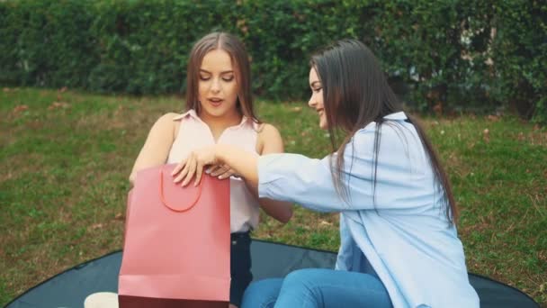 Dos chicas atractivas están sentadas en el banco del parque. Brunette compró una nueva blusa desnuda para su amiga rubia. De cerca. Copiar espacio. 4K . — Vídeo de stock