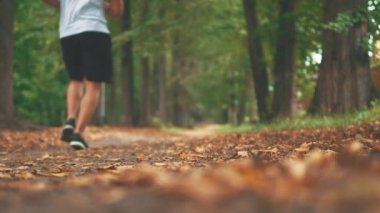 Erkekler yarışmadan önce parkta koşuyorlar ve sabah egzersizleri yapıyorlar. Bacaklarını kapat. Dikiz aynası. Uzayı kopyala 4K.