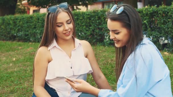 Twee aantrekkelijke jonge vrouwen praten in een zomerpark. Sluit maar af. Begrepen, ruimte. 4K — Stockvideo