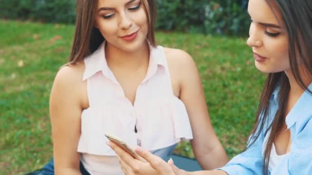 Deux jolies jeunes femmes parlent dans un parc d'été. Ferme là. Une récolte. Espace de copie. 4K — Video