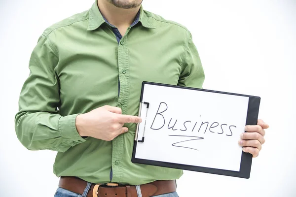 Cropped shot of senior bussines man pointing his finger at a word business on clipboard on white background. — Stock Photo, Image