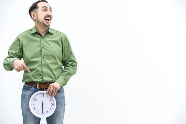 Concepto de tic tac. Hombre divertido en previsión de algún evento especial . —  Fotos de Stock