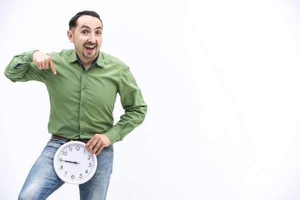 Concepto de tic tac. Hombre divertido en previsión de algún evento especial . —  Fotos de Stock