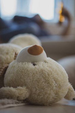 Yerde beyaz bir oyuncak ayı.