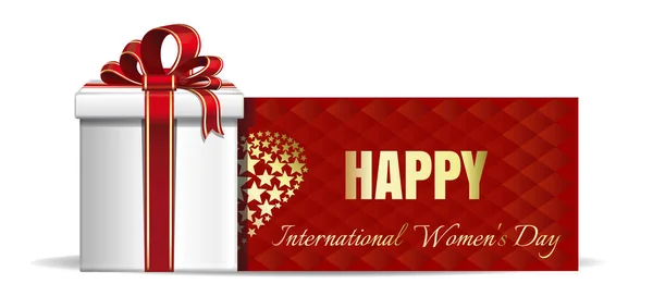 Caja de regalo en el fondo de una tarjeta de felicitación. Feliz Día Internacional de la Mujer — Vector de stock