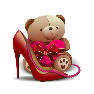 Women shoe, pink beads, teddy bear, heart. Design elements for birthday, 8 March, Mothers Day, Valentine's Day clipart