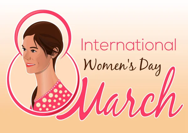 Tarjeta de felicitación para el Día Internacional de la Mujer. Preciosa chica en el fondo de felicitaciones el 8 de marzo — Vector de stock