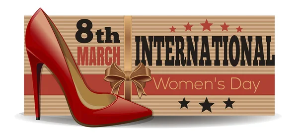 Frauenschuhe auf dem Hintergrund eines Banners, das dem internationalen Frauentag gewidmet ist — Stockvektor