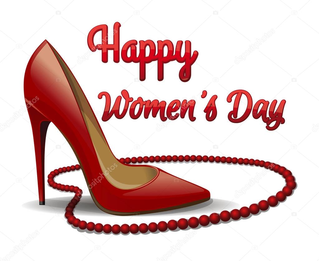 Red shoes and beads isolated on white background. Happy Women's Day. 8 March card