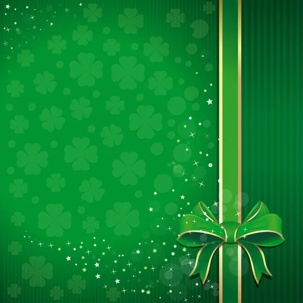 Green festive background with ribbon, bow and leafed clover for St. Patrick's Day with free space for text — Stock Vector