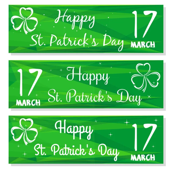 Ställ in banners med tre storbladig shamrock symboler. 17 mars. Bakgrunder med Grattis på St. Patrick's Day — Stock vektor