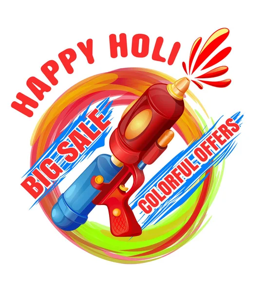 Feliz Holi. Grande venda. Ofertas coloridas. Melhores pistolas Holi pichkari g — Vetor de Stock