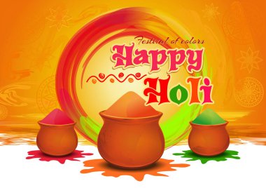 Pots with colorful gulaal, powder color for festival of colors Happy Holi. Happy Holi greeting card clipart