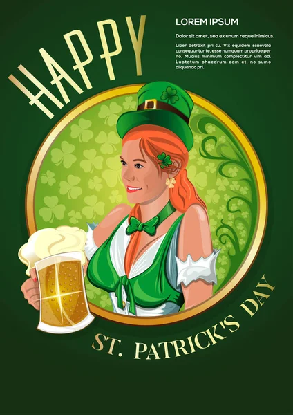 St Patricks Günü için poster. Bir bira cam ile şirin İrlandalı kız — Stok Vektör