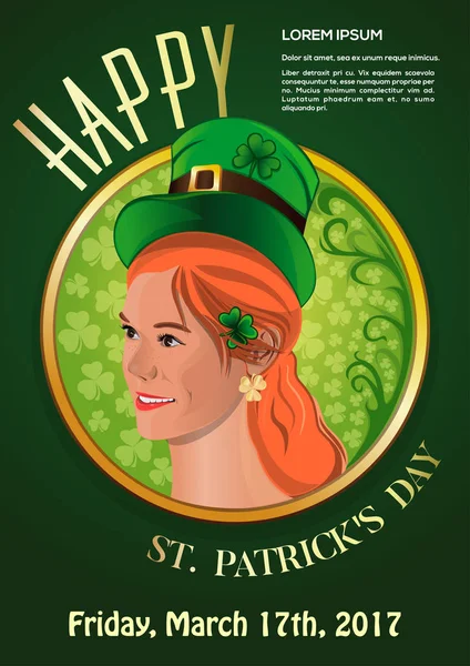 St Patricks Günü 2017. Mart 17. Sevimli bir kız davet poster — Stok Vektör