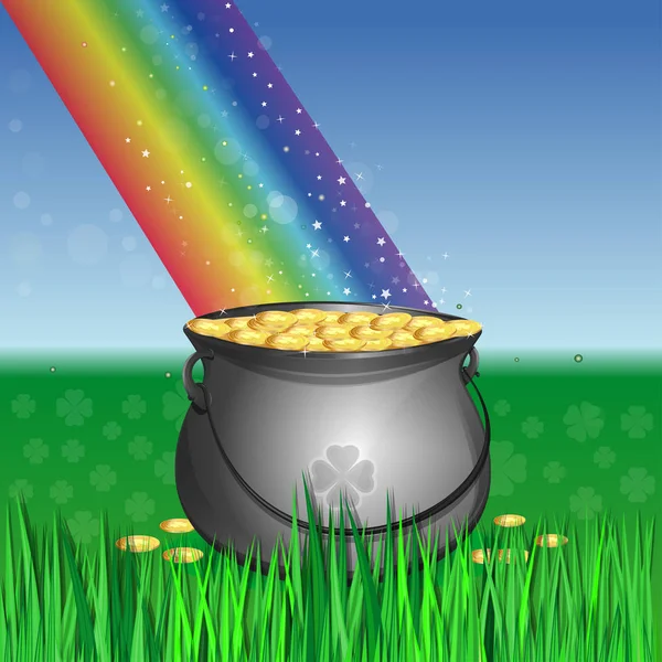 Magischer Koboldtopf mit Gold an der Basis des Regenbogens — Stockvektor