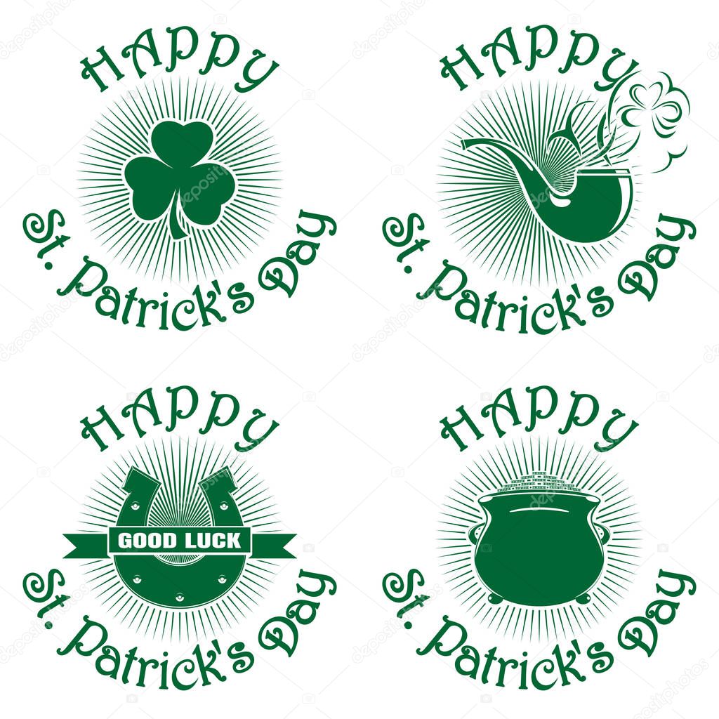 Symbols celebrating St. Patricks Day. Greeting inscription