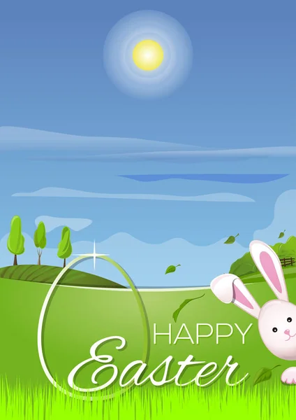 Beau paysage printanier avec lapin de Pâques mignon — Image vectorielle