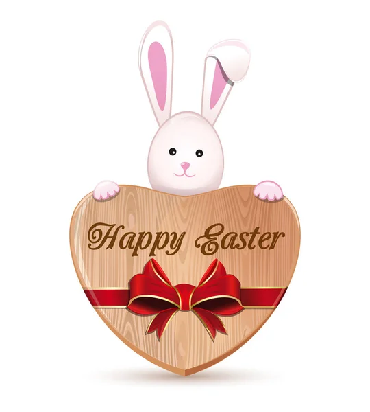 Cute coelho de Páscoa segurando um coração de madeira com uma inscrição - Feliz Páscoa — Vetor de Stock