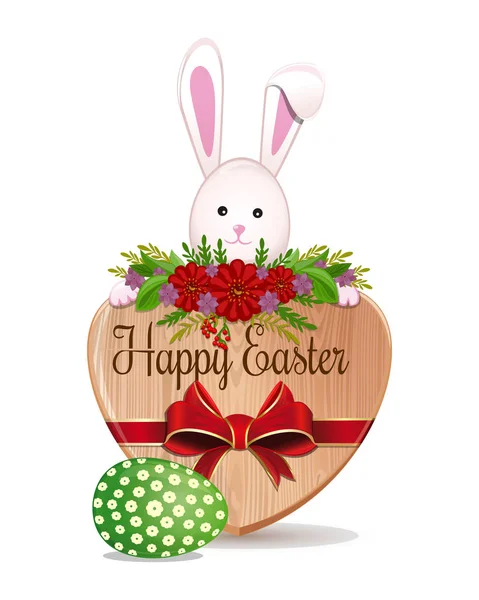 Easter bunny and Easter egg - symbols of Easter. Cute bunny peeks out from behind the boards with the inscription - Happy Easter. Design element for greeting card. Vector illustration — Stock Vector