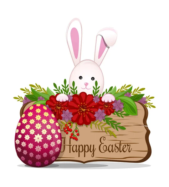 Lapin de Pâques mignon souhaite Joyeuses Pâques. Ornement de Pâques fleurs — Image vectorielle