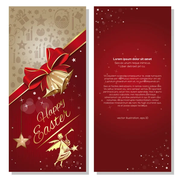 Καλό Πάσχα. Γιορτινό κόκκινο φόντο με κορδέλα τόξο, Άγγελος και jingle bells — Διανυσματικό Αρχείο