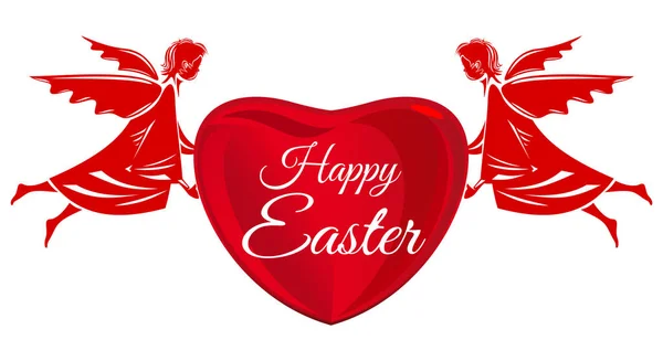 Joyeux Pâques. Anges et grand cœur rouge avec inscription de salutation. Carte de voeux de Pâques — Image vectorielle