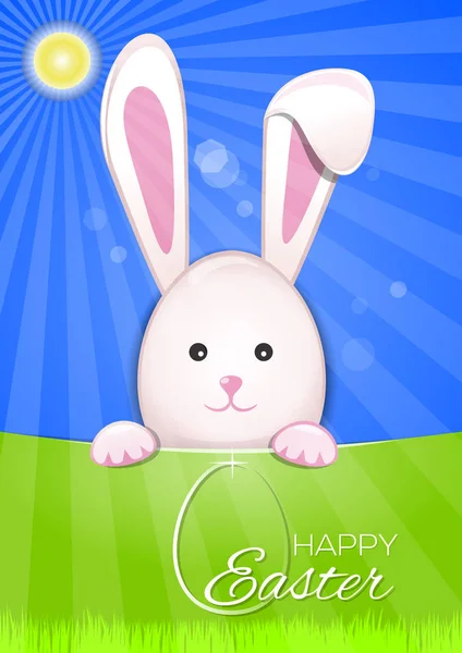 Carino il coniglietto pasquale su sfondo celeste. Uovo di Pasqua e iscrizione di auguri - Buona Pasqua — Vettoriale Stock