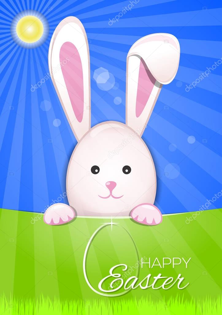 Cute Easter bunny on a sky blue background. Easter egg and greeting inscription - Happy Easter