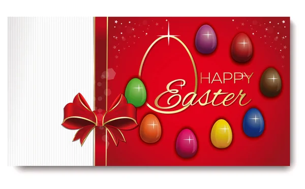 Cartão de saudação Easterg. Oito ovos coloridos em um fundo vermelho festivo. Feliz Páscoa — Vetor de Stock
