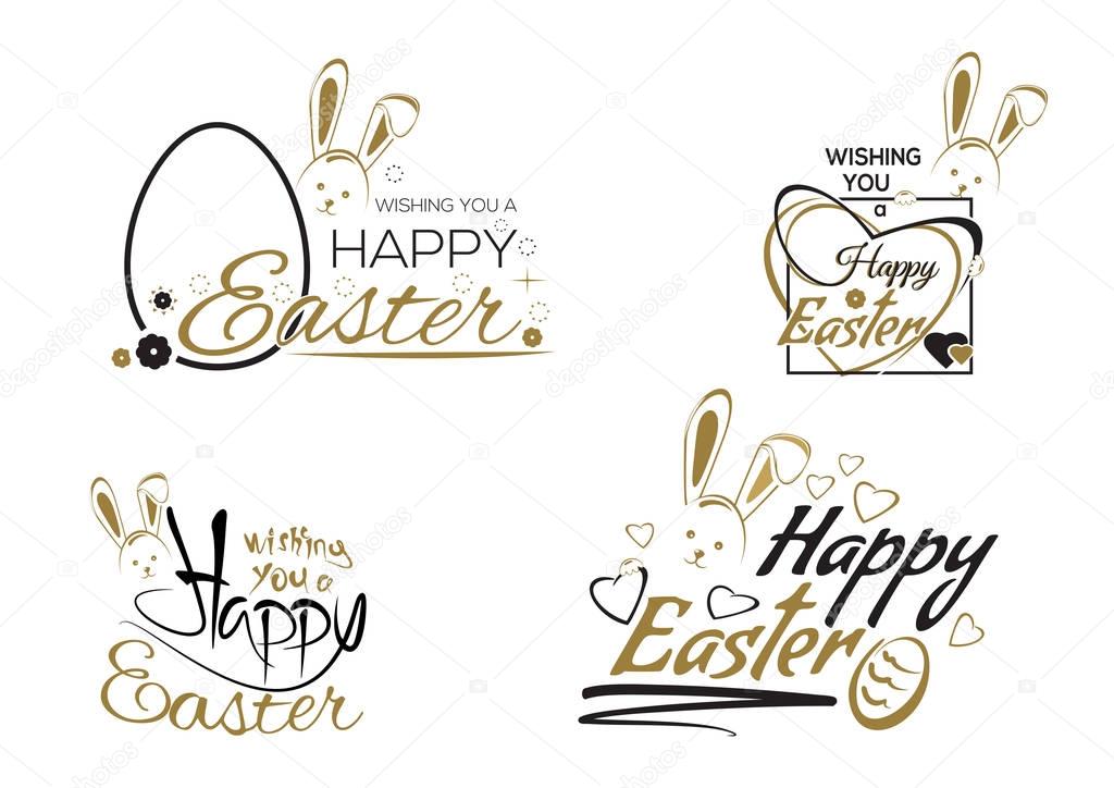 Happy Easter. Greeting inscription with the Easter bunny and Easter eggs. Vector easter art, hand lettering, text. Vector illustration