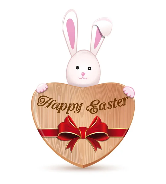 Corazón de madera y conejo de Pascua. Feliz Pascua — Vector de stock