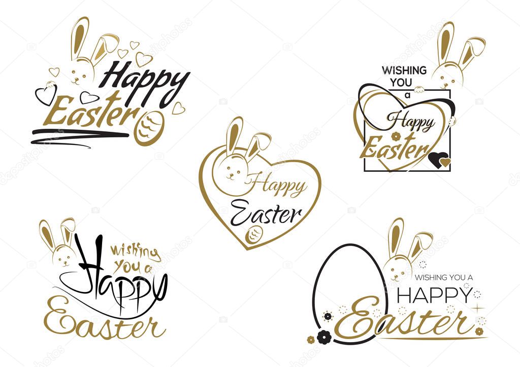 Happy Easter. Set greeting inscription with the Easter bunny and Easter eggs. Easter art, hand lettering, text. Vector illustration