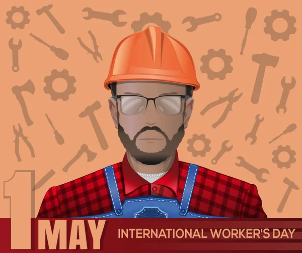 1 मई कार्ड। श्रमिक आदमी के साथ श्रम दिवस पोस्टर — स्टॉक वेक्टर