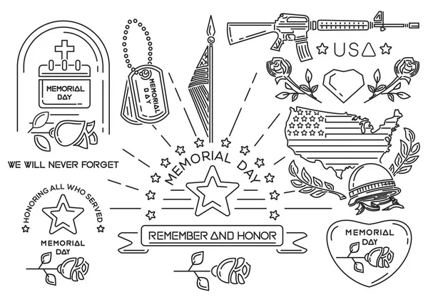 Ícones de linha definidos para o Memorial Day nos EUA —  Vetores de Stock