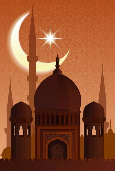 Arquitectura islámica árabe. Mezquita de noche iluminada por la luna — Vector de stock