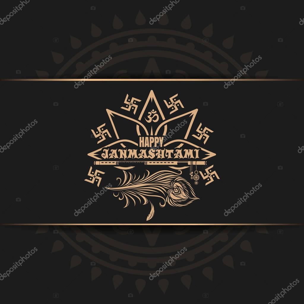 Krishna Janmashtami logo design on black background. Greeting card for celebrating Krishna birthday. Vector illustration
